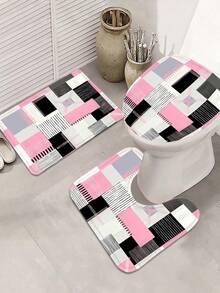 1/4pcs Pink Square Pattern Shower Curtain Set, 70.87x70.87inch Shower Curtain With Floor Mat, U-Shaped Mat, Toilet Seat Mat, With 12 Hooks Bathroom Decor