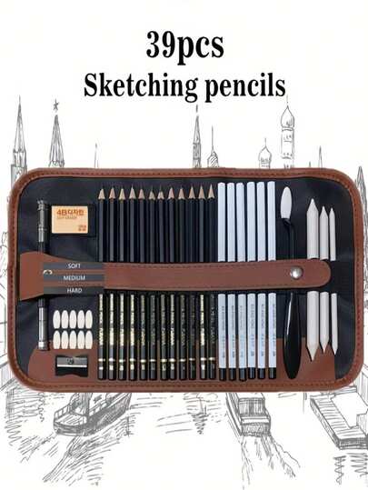 39pcs Sketch Pencil Set, Drawing Pencils, Professional Art Painting & Coloring Tools, Includes Pencils, Pencil Sharpener, Erasers, Blending Stumps, Portable Pencil Case, Great Gift For Art Students & Beginner