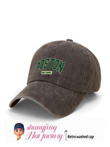 1pc "BOSTON" Printed Washed Baseball Cap, Classic Stylish Soft Sweatband Adjustable Size Lightweight Sun Protection Versatile Classic Cap, Suitable For Outdoor Sports, Football Games, Daily Wear, Party, Vacation, Perfect Gift For Friends And Family, Unisex