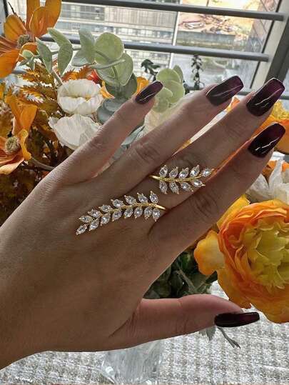 1 pezzo Anello regolabile con design a foglia in zirconia, accessorio versatile per feste