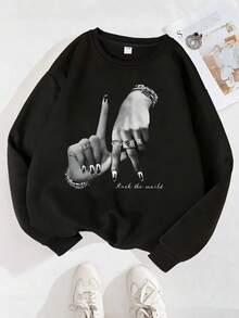 1pc Girl's Personalized Hand Gesture & Text Graphic Sweatshirt, Fashionable & Suitable For Spring/Autumn Party Wear - Black - View 2