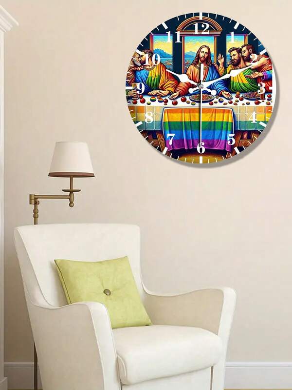 Horloge Jésus LGBT circulaire 10/12 pouces Dernière Cène, Décoration maison amusante LGBT, Décoration LGBTQ+, Cadeau pour les amis, Cadeau de pendaison de crémaillère, Horloge murale en bois