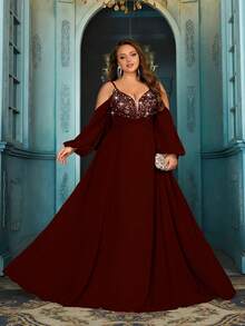 Elisanya Elegant Gorgeous Plus Size Sequins Formal Dress Summer Evening Gown For Birthday Party, Charity Prom, Galas Solid Color Strapless Long Sleeve Dresses Ballgown - Burgundy - View 5