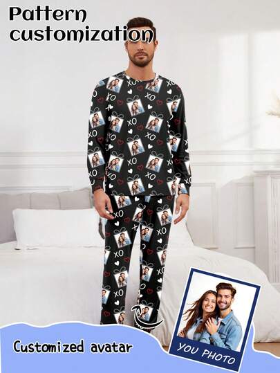 Customized Men's Long Sleeve Pajama Set, Can Print Any Pattern, Personalized Pajamas With Photos, Funny Customized Images Comfortable Sleepwear. Suitable For Valentine's Day, Birthday, Gifts, Personalized, Colorful, Cute, Witty, Unique, Exclusive, Ideal Boyfriend Gift, Suitable For Boyfriend, Family, Friends, Elders, Fashionable For Autumn, Holiday Party