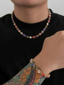 1 Set Luxury High-End Bracelet Fashion Niche Commute Design Jewelry Set, Colorful Crystal Flower Asymmetrical Necklace & Bracelet Exquisite Accessories, Suitable For Holiday Gifts And Attending Important Gatherings - Four-pointed Star - View 5