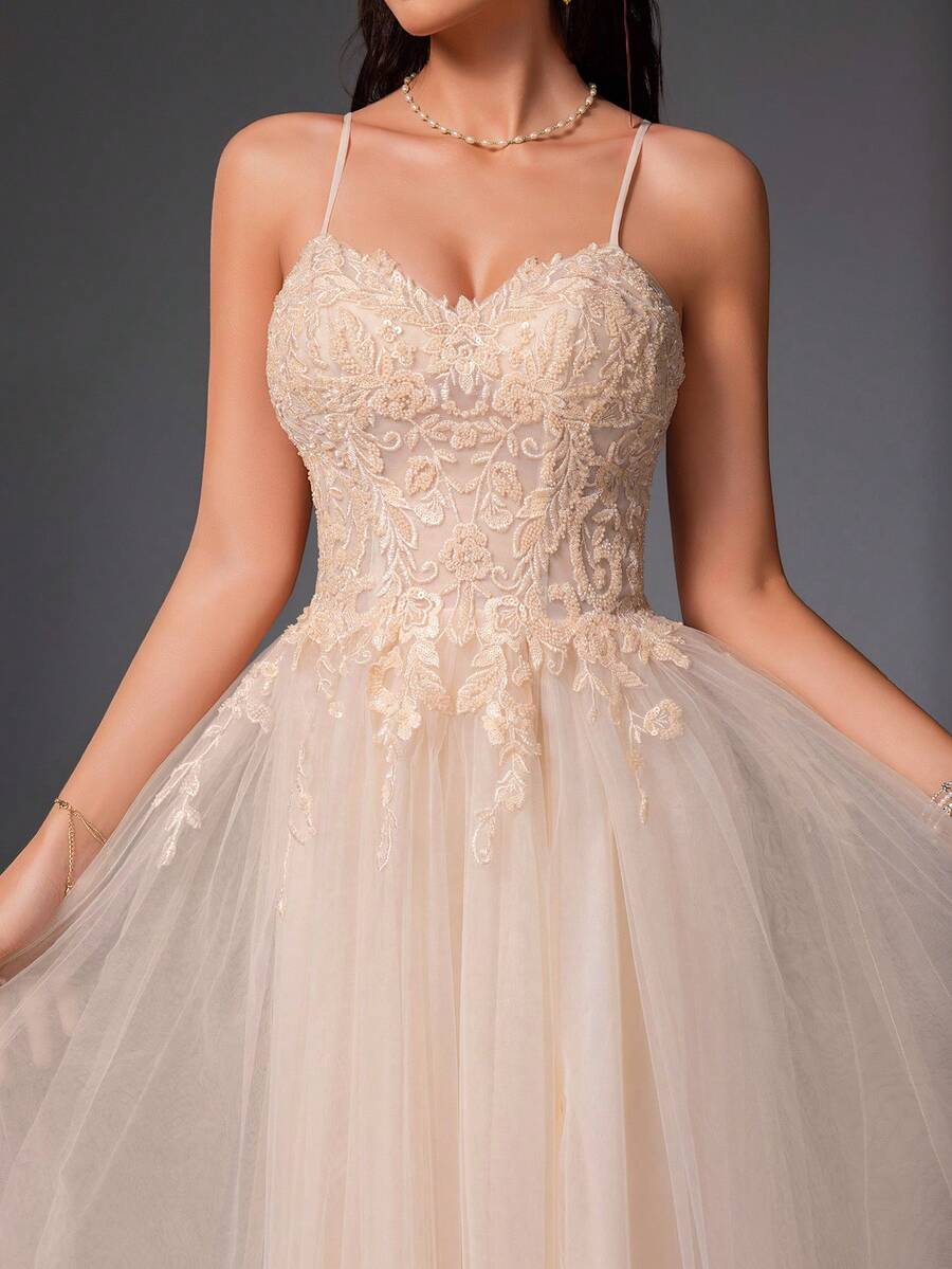 VIPGIRL 香槟色蕾丝吊带舞会礼服，高开衩薄纱晚礼服，优雅刺绣网纱正式舞会礼服，毕业派对礼服，梦幻礼服，A字裙，派对服装 - 香檳色 - 查看 1