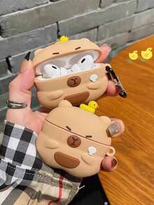 1pc Cartoon 3D Spoon-Holding Yellow Duck & Water Vole Silicone Protective Case For AirPods Pro, Suitable For AirPods 1/2/3/4, Shockproof Funny Earphone Case (Earphones Not Included) - Brown - View 1