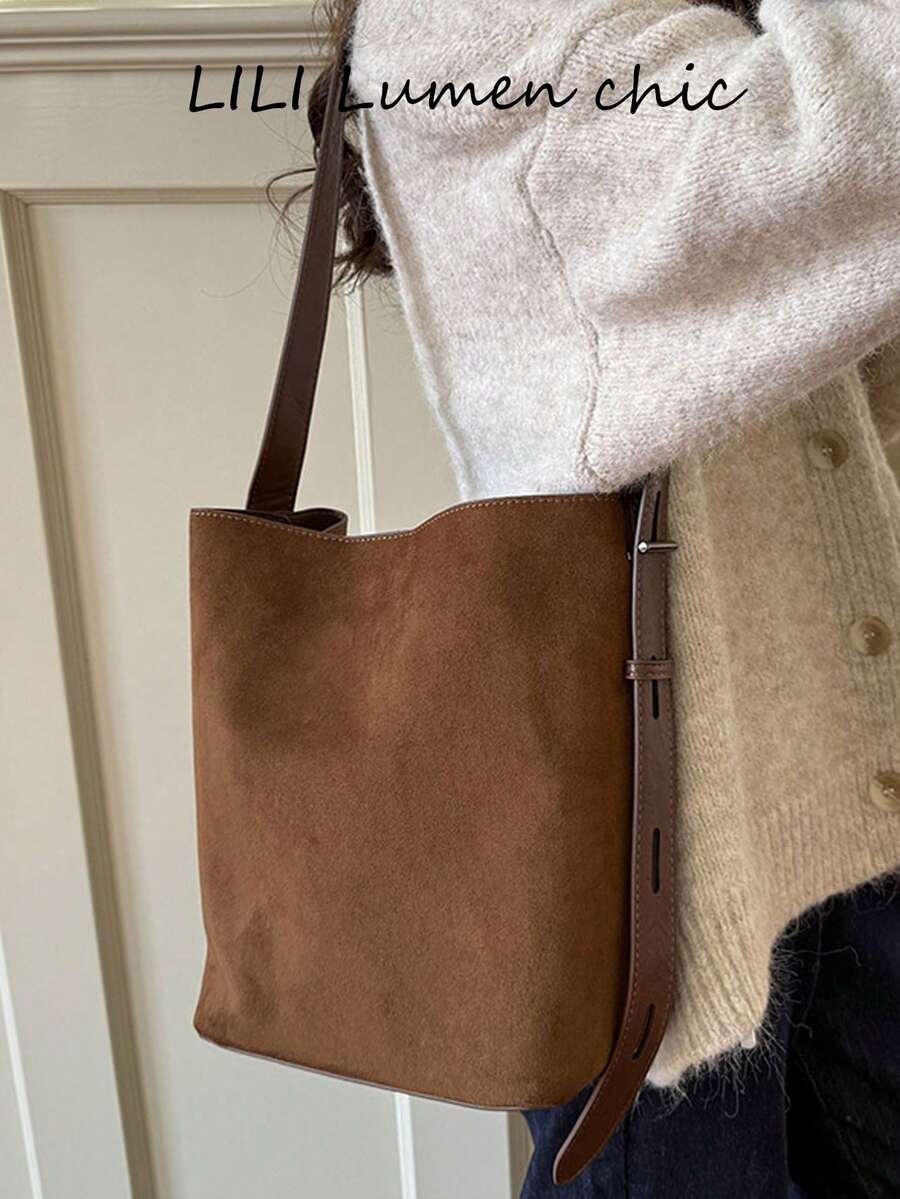 Neue Vintage Tasche Braun Große Kapazität Eimer Tasche, Umhängetasche, Unterarmtasche, Umhängetasche Geschäftsfrauen Lässige leichte Pendlertasche Mode Studententasche, geeignet für Arbeit, Einkaufen und täglichen Gebrauch - Braun - Übersicht 1