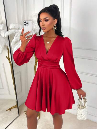 AIJ This Elegant Solid Color V-Neck Fitted A-Line Satin Shiny Mini Skirt With Puff Sleeves Is The Perfect Choice For All-Season Styling. Suitable For Parties, Daily Commute, Christmas, New Year, Valentine's Day And Various Occasions.