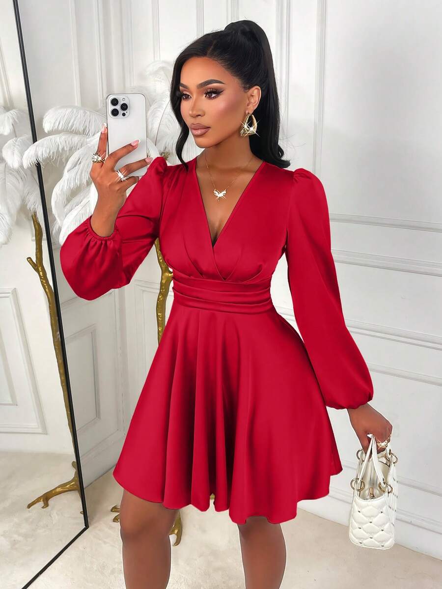 AIJ This Elegant Solid Color V-Neck Fitted A-Line Satin Shiny Mini Skirt With Puff Sleeves Is The Perfect Choice For All-Season Styling. Suitable For Parties, Daily Commute, Christmas, New Year, Valentine's Day And Various Occasions.