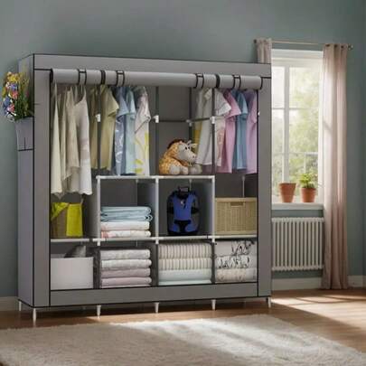 [1pc Portable Large Closet Organizer | 6 Storage Shelves, 4 Hanging Sections, 4 Side Pockets,170*167*45CM
