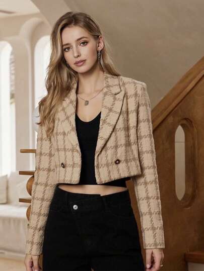 Chaqueta corta de solapa a cuadros, tejido de punto, cierre de botones, para oficina, escuela, citas, otoño/invierno