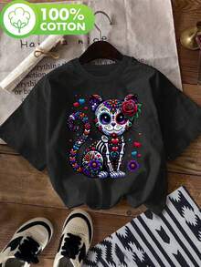 Camiseta de Mujer Día de los Muertos Cinco de Mayo - Cuello Redondo Suave con Estampado Colorido de Calavera Azucarada, Ropa Ligera para Celebraciones Mexicanas y Fiestas, Diseño Artístico, Tejido Transpirable, Manga Corta, Ideal para Festivales y Eventos Culturales - Oscuro - Ver 1