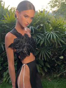 Women Sequin Rhinestone 3D Flower Crop Tops Shiny Glitter Sleeveless Tie Up Backless One Shoulder Bandeau Tube Tops Sparkly Vest Rave Party Clubwear Camisoles - màu đen - Xem 4