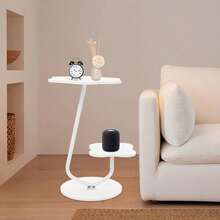 Mesa de centro color crema, mesa auxiliar de 2 niveles de 40 cm con estante, mesa auxiliar compacta para sala de estar, pequeña pieza decorativa para dormitorio, balcón y salón, estilo escandinavo moderno, ligera y estable.