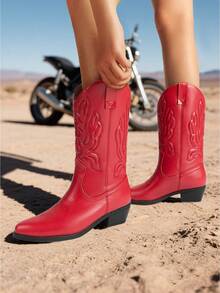 Women's Cowboy Boots Embroidery Stitching Pull-On  Almond Pointed Toe Chunky Heel Fashion Matching Dress Red Mid-Calf Boots - Đỏ - Xem 4
