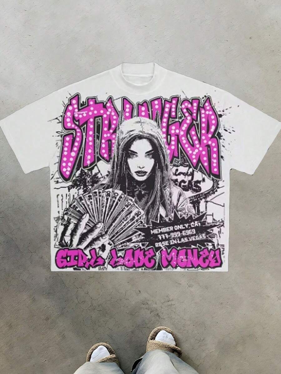 Y2k Style Tee (220g Cotton T-Shirt)Gothic - Inspired "STRANGER" Tee: Girls & Money Motif Printed T-Shirts, Unisex T-Shirts, Casual And Comfortable To Wear Men's Summer Round Neck Short Sleeve T-Shirts, Fashion Printed T-Shirts, Uni T-Shirts, Casual And Comfortable To Wear Vintage - Style Graphic T - Shirt - trắng - Xem 1