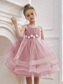Young Girl Spaghetti Strap 3D Floral Mesh Pink Princess Dress, Elegant Gown Suitable For Girls Birthday Party, Evening Banquet, Wedding Flower Girl Dress - 粉色 - 查看 4