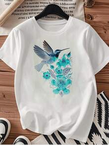 1pc blusas de mujer blusas bonitas para mujeres blusas ropa de mujer Camiseta colibrí 180g algodón blanco y negro, patrón estampado colibrí y flores rojas, algodón estampado alta calidad, cuello redondo, corte básico holgado, hombres y mujeres, transpirable, versátil, lavable a máquina, cómoda, talla S ~ 3XL, diaria, casual, deportiva, imprescindible verano - blanco - Ver 3