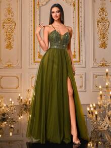 VIPGIRL Đầm maxi xanh lá cây thanh lịch, trễ vai, xẻ cao, chất liệu voan mỏng, thích hợp cho tiệc tối hoặc dạ hội. - màu xanh lá - Xem 5