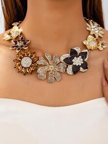 OABE 1pc Vintage Exaggerated Maximalist Floral Rhinestone Necklace, Charming Women's Necklace Suitable For Party, Banquet, Holiday, Wedding - Multicolor - View 1