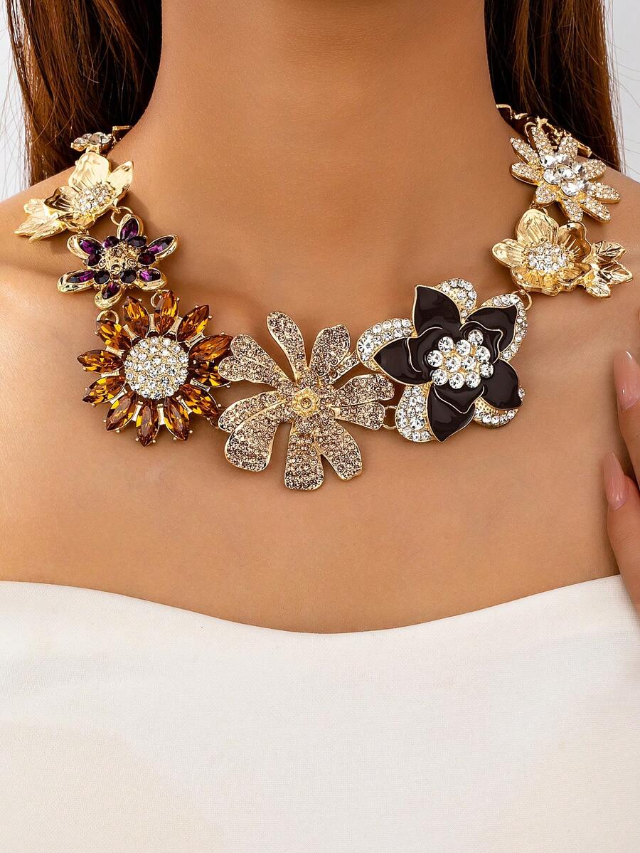 OABE 1pc Vintage Exaggerated Maximalist Floral Rhinestone Necklace, Charming Women's Necklace Suitable For Party, Banquet, Holiday, Wedding - Multicolor - View 1