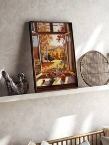 1 Piece Window View Poster Fall Art Posters Harvest Print Picture Pumpkin Decorative Paintings Maple Leaf Wall Arts Aesthetic Wall Picture Vintage Poster Set Living Room Wall Decor No Frame