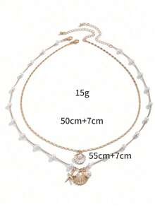 2pcs/Set Beachy Metal Starfish, Pearl & Shell Necklace Jewelry Set, Resort Style - Gold - View 4