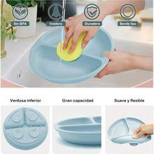 Set de Vajilla 9 Piezas en Silicona para Bebés Diseño Clásico Duradero Polvoriento Azul Incluye Cuchillería Perfecto para Niños y Fácil de Limpiar - Neblina azul - Ver 7