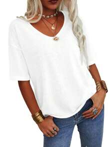 Imily Bela Women's 3/4 Sleeve Shirts V Neck Loose Fitting Tops Casual Solid Color Tshirts  Basic Tunic Summer Ladies Tops - 白色 - 查看 3