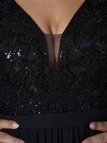 Mgiacy,V Neck,Sequin Embroidery,High-End,Plus Size Ball Dress,Flounce Sleeve,Chiffon,Long Dress,Parties And Weddings,Black,Elegant Dresses For Women - Black - View 11