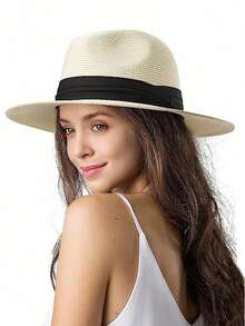 1pc European & American Style Woven Jazz Hat, Straw Hat With Strap, Suitable For Daily Wear, Summer Sun Protection