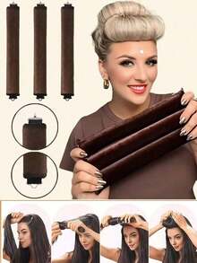 3pcs No-Heat Hair Curler Set, Black, Overnight Curling, Suitable For Long & Medium Hair, Ideal For Salons, Spas, Daily Use, Hair Accessories - Multicolor - View 5