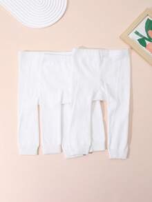 3 Pairs Solid Color Minimalist All-Season 9/10 Length Leggings For Baby Girls, Suitable For Daily Wear - White - View 4