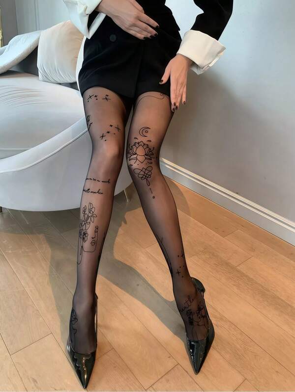 1 Paar ultra-dünne schwarze Lotus-gemusterte sexy modische Strumpfhose, geeignet für modebewusste Trägerinnen