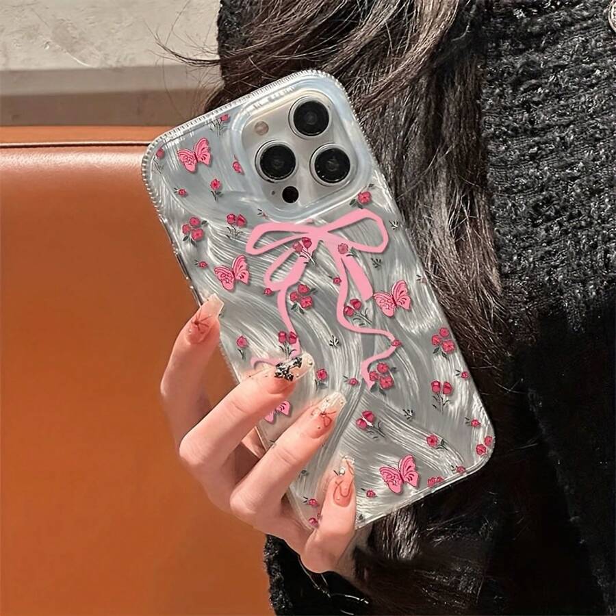 Funda rosa con lazo grande para phone 15, 14 Plus, 16, 13 Pro Max, 11 y 12. Nueva funda protectora de gasa con orificios grandes y diseño anticaídas. Un regalo perfecto para amigos, novias y familiares. - Plateado - Ver 1