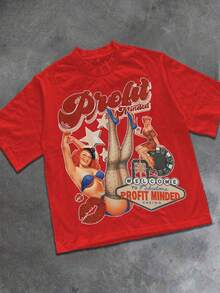 "Profit Minded" Streetwear Tee With Pin - Up & Casino Motifs Y2k Style Tee (220g Cotton T-Shirt) Printed T-Shirts, Unisex T-Shirts, Casual And Comfortable To Wear Men's Summer Round Neck Short Sleeve T-Shirts, Fashion Printed T-Shirts, Uni T-Shirts, Casual And Comfortable To Wear Vintage - Style Graphic T - Shirt - 紅色 - 查看 1