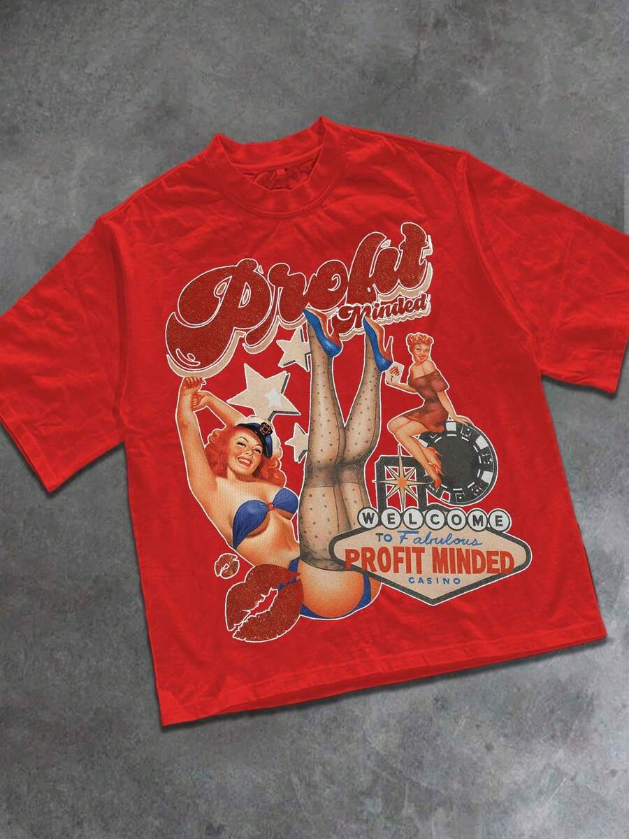 "Profit Minded" Streetwear Tee With Pin - Up & Casino Motifs Y2k Style Tee (220g Cotton T-Shirt) Printed T-Shirts, Unisex T-Shirts, Casual And Comfortable To Wear Men's Summer Round Neck Short Sleeve T-Shirts, Fashion Printed T-Shirts, Uni T-Shirts, Casual And Comfortable To Wear Vintage - Style Graphic T - Shirt - 紅色 - 查看 1