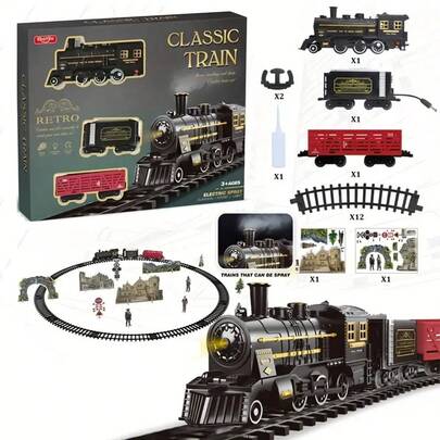 Youngsters' Deluxe Electric Train Set With Lights & Sounds - Vintage Steam Engine And Long Track, Educational Toy Gift For Boys