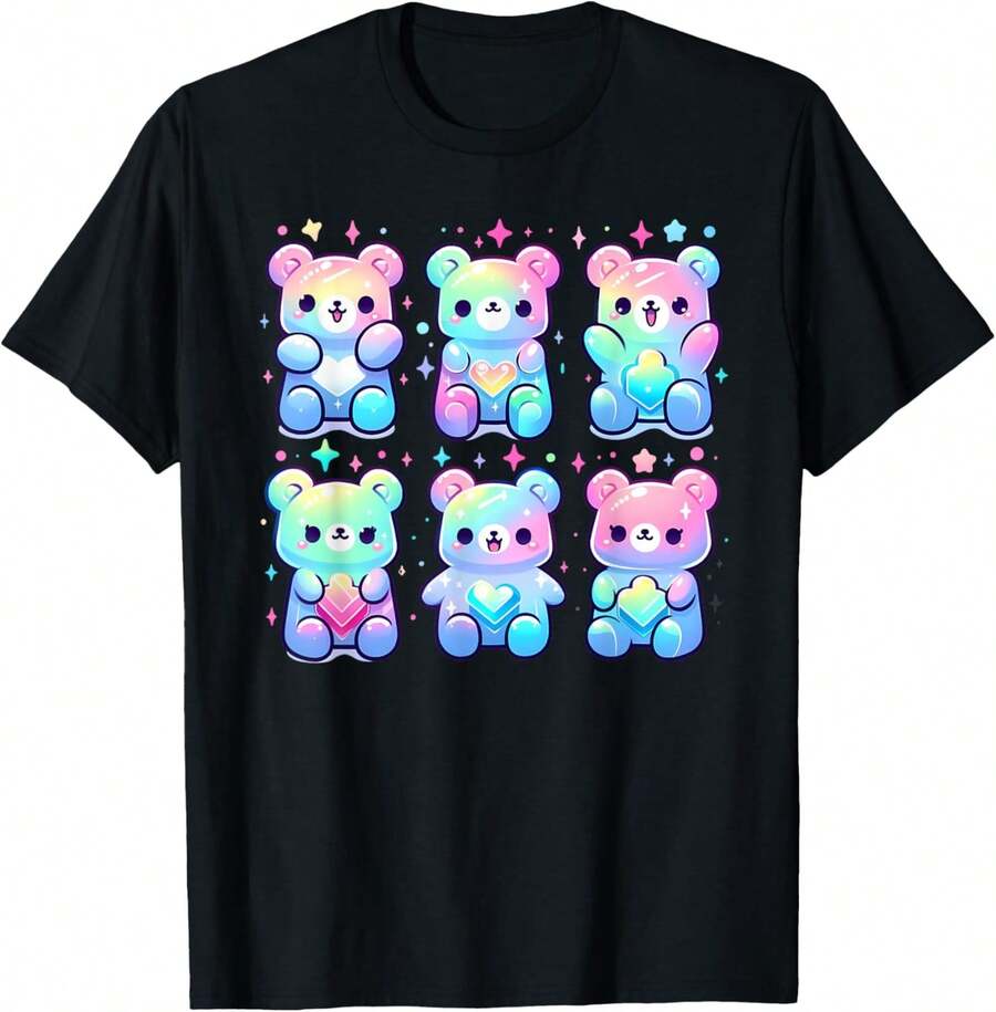 Cute Rainbow Gummy Bear Kawaii Aesthetic Teens Boys Girls T-Shirt - màu đen - Xem 1