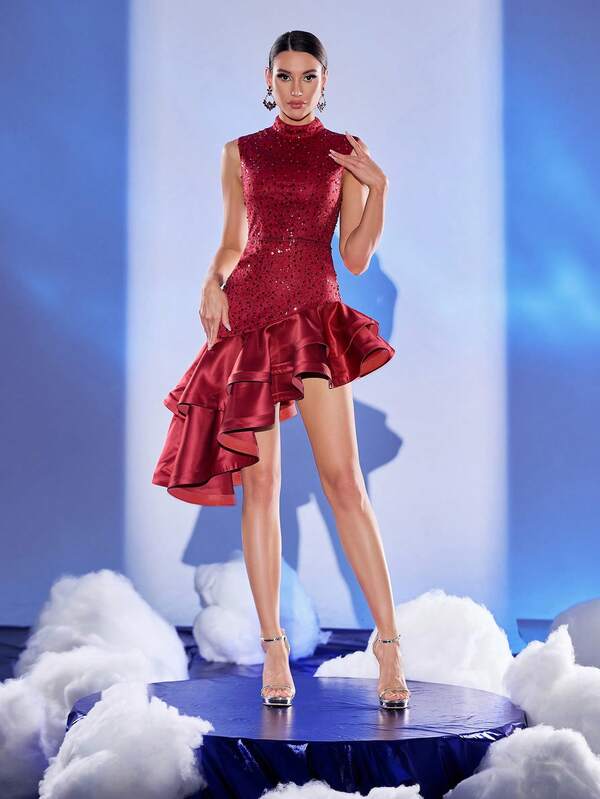 Abito da cocktail asimmetrico/asimmetrico senza maniche con paillettes, colore rosso vino, adatto per tutte le stagioni