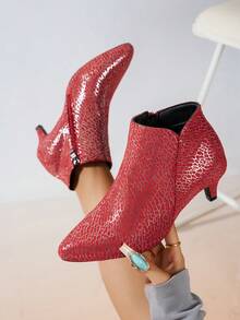 Red Pointed Toe Elegant Kitten Heel Ankle Boots For Women, Fashion Versatile Side Zipper Short Booties Suitable For Holidays - Red Gold - View 1
