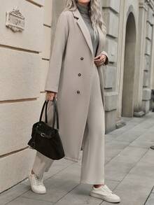 女士时尚百搭双排扣大衣，秋冬 - 淺灰色 - 查看 7