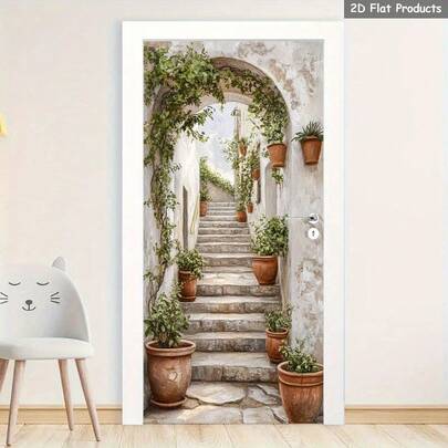 1 set/2 st romantiska väggdekaler med båge, 2D-dörrdekaler, självhäftande, avtagbar PVC-väggmålning med vintagetrappa, dörrdekaler med lugna gröna växter utomhus, vattentät dekoration för trädgårdsdörrar med europeisk charm, platta konstväggdekaler med 2D-motiv