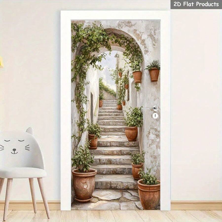 1 套/2 件浪漫拱门墙贴、2D 门贴花、复古楼梯自粘可移除 PVC 壁画、户外宁静绿色植物门贴、欧式魅力花园门防水装饰、2D 平面艺术墙贴 - 彩色 - 查看 1