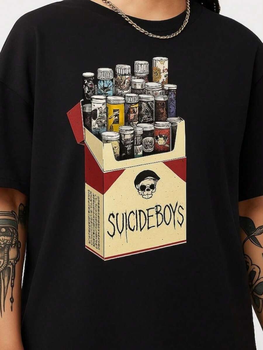 Uicideboy Cigarette Box Art T-Shirt – Dark Art Graphic Rap Streetwear For Alternative Fans - 黑色 - 查看 1