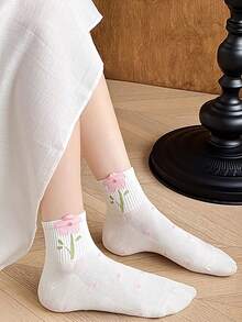 5双白色蝴蝶结花卉图案女童短袜，适合日常休闲穿着，四季皆宜（春、夏、秋、冬）