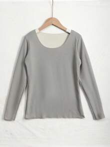 CELILIN Camiseta Térmica de Manga Longa, Gola Redonda, Ajustada, em Malha de Cor Sólida, Casual, para Outono/Inverno - Cinza - Visão 2