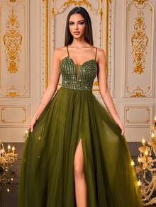 VIPGIRL Đầm maxi xanh lá cây thanh lịch, trễ vai, xẻ cao, chất liệu voan mỏng, thích hợp cho tiệc tối hoặc dạ hội. - màu xanh lá - Xem 6