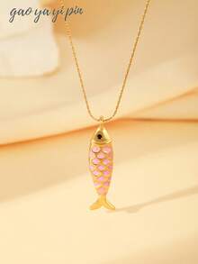 1pc Fashionable Stainless Steel Elegant Ocean Theme Colorful Enamel Fish Pendant Necklace, Charming Jewelry For Women, Everyday & Holiday Accessory